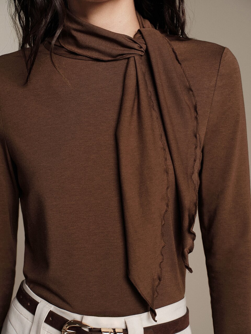 Anewsta Essential Women's Fall/Winter Elegant Romantic Dark Brown Wool Tie-Up Base Layer Top For Christmas Office Ceremony
