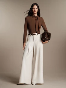 Anewsta Essential Atasan Dalaman Wanita Elegan Romantis Warna Cokelat Tua dari Wol dengan Tali Pengikat untuk Musim Gugur/Dingin, Cocok untuk Acara Kantor Natal - Coffee Brown - View 5