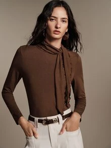Anewsta Essential Atasan Dalaman Wanita Elegan Romantis Warna Cokelat Tua dari Wol dengan Tali Pengikat untuk Musim Gugur/Dingin, Cocok untuk Acara Kantor Natal - Coffee Brown - View 7
