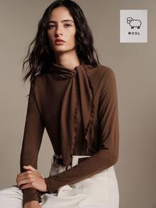 Anewsta Essential Atasan Dalaman Wanita Elegan Romantis Warna Cokelat Tua dari Wol dengan Tali Pengikat untuk Musim Gugur/Dingin, Cocok untuk Acara Kantor Natal - Coffee Brown - View 2