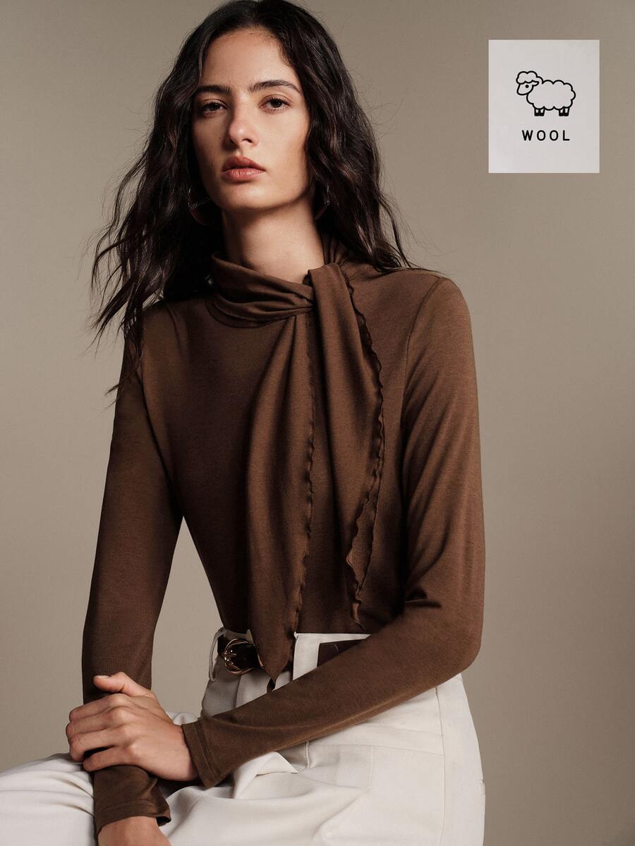 Anewsta Essential Atasan Dalaman Wanita Elegan Romantis Warna Cokelat Tua dari Wol dengan Tali Pengikat untuk Musim Gugur/Dingin, Cocok untuk Acara Kantor Natal