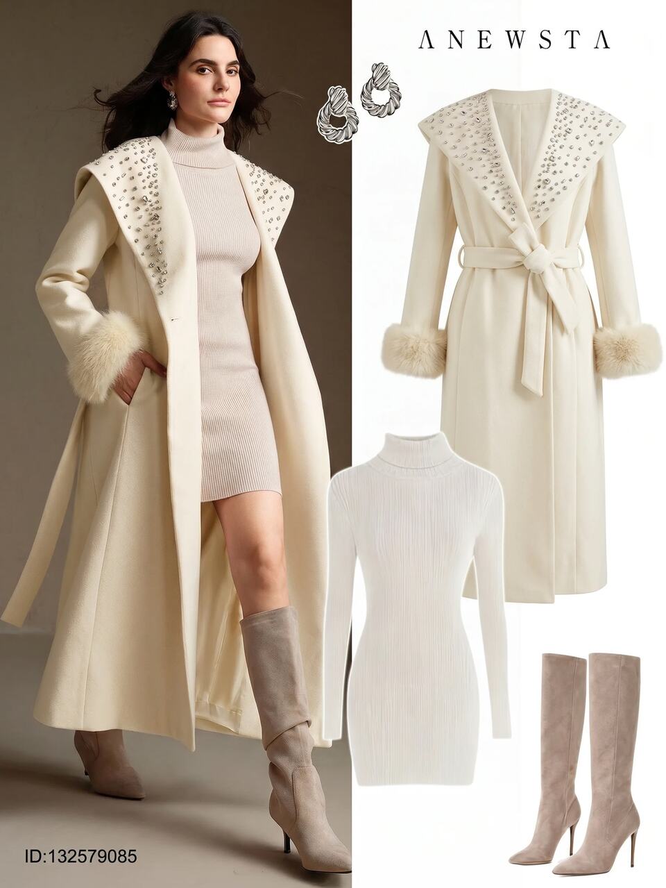 Anewsta Elegant Heavy Beaded Oversized Collar Detachable Fur Trim Women's Pink Coat, Autumn, Fall, Winter, Going Out, Elegant, Formal, Party, Chic, New Year, Women's Winter Coat, Christmas, Work, Graduation, Pink