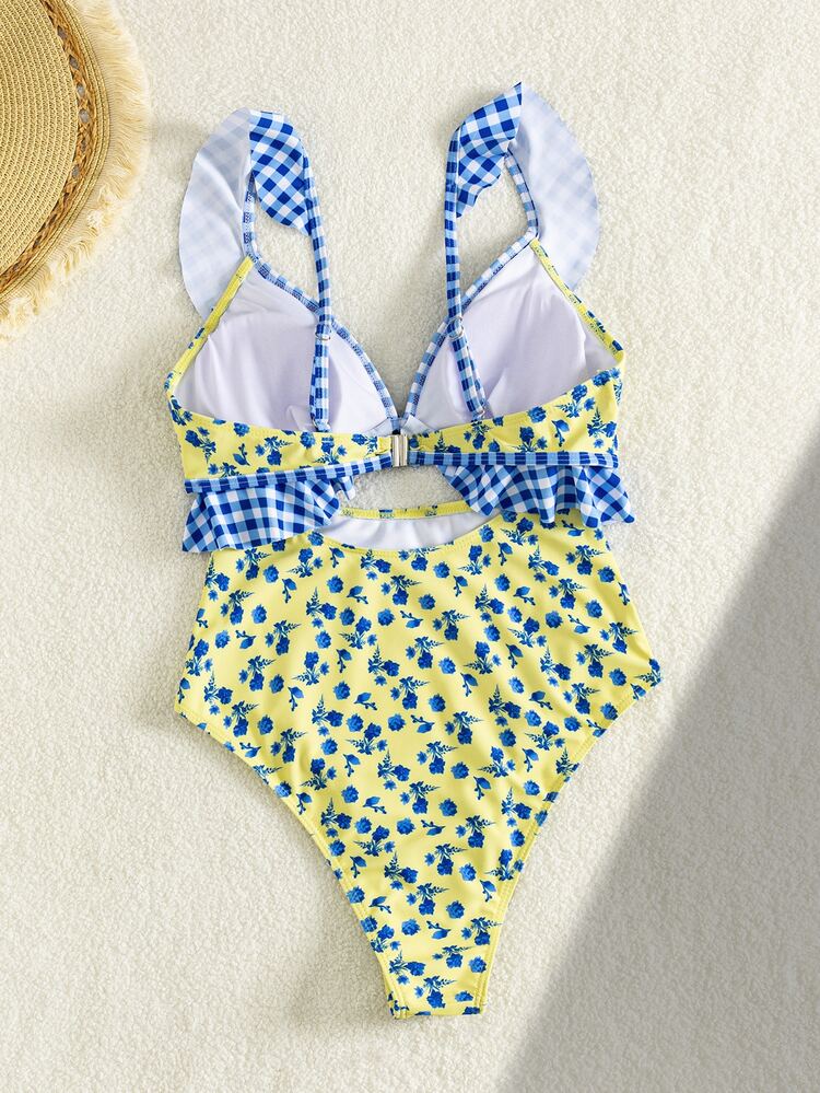 Swim Mod Sexy Floral Ruffled Hollow-Out Backless One-Piece Swimsuit For Women, Summer Vacation - Multicolor - View 4