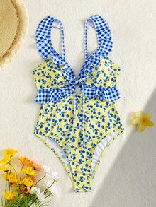 SHEIN Swim 性感花卉荷叶边镂空露背连体泳衣，女士夏季度假 - 彩色 - 查看 2