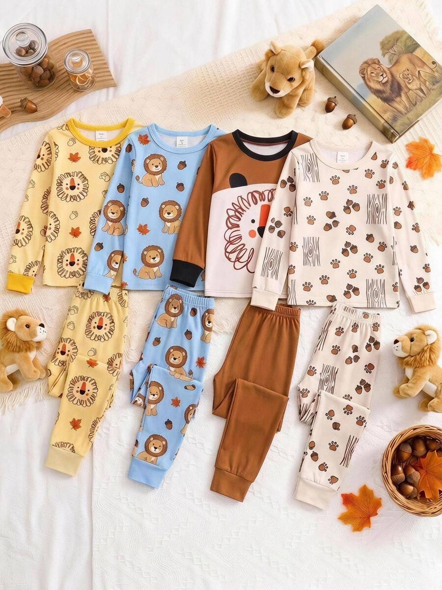 SHEIN Young Boy Cute Cartoon Lion Pattern Casual Minimalist Snug Fit Comfortable Thick Long Sleeve Crew Neck Long Pants Loungewear Suitable For Autumn/Winter - Multicolor - View 1