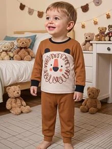 SHEIN Young Boy Cute Cartoon Lion Pattern Casual Minimalist Snug Fit Comfortable Thick Long Sleeve Crew Neck Long Pants Loungewear Suitable For Autumn/Winter - Multicolor - View 3
