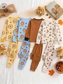 SHEIN Young Boy Cute Cartoon Lion Pattern Casual Minimalist Snug Fit Comfortable Thick Long Sleeve Crew Neck Long Pants Loungewear Suitable For Autumn/Winter - Multicolor - View 2