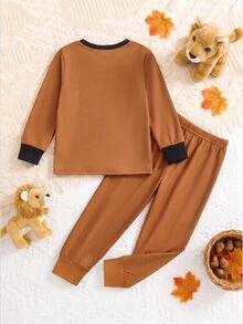 SHEIN Young Boy Cute Cartoon Lion Pattern Casual Minimalist Snug Fit Comfortable Thick Long Sleeve Crew Neck Long Pants Loungewear Suitable For Autumn/Winter - Multicolor - View 5
