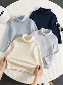 SHEIN 4pcs/Set Young Boy High Kids Neck Ribbed Knit Casual T-Winter Shirt, High Turn Collar Base Layer T-Shirt Suitable For Daily Casual Wear And Outings - Multicolor - View 3