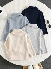 SHEIN 4pcs/Set Young Boy High Kids Neck Ribbed Knit Casual T-Winter Shirt, High Turn Collar Base Layer T-Shirt Suitable For Daily Casual Wear And Outings - Multicolor - View 2