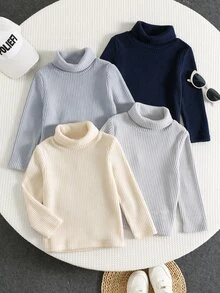 SHEIN 4pcs/Set Young Boy High Kids Neck Ribbed Knit Casual T-Winter Shirt, High Turn Collar Base Layer T-Shirt Suitable For Daily Casual Wear And Outings - Multicolor - View 6