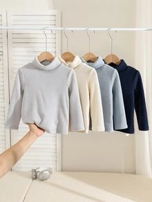 SHEIN 4pcs/Set Young Boy High Kids Neck Ribbed Knit Casual T-Winter Shirt, High Turn Collar Base Layer T-Shirt Suitable For Daily Casual Wear And Outings - Multicolor - View 5