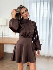 Easowa Women's Solid Color Pleated Casual Party Dress - Brown - View 4