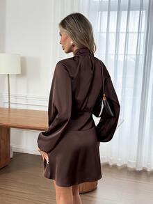 Easowa Women's Solid Color Pleated Casual Party Dress - Brown - View 7