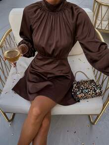 Easowa Women's Solid Color Pleated Casual Party Dress - Brown - View 1
