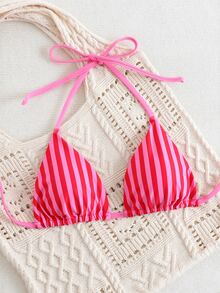 Swim Mod 女款夏季海灘條紋掛脖比基尼三角上衣（可拆式綁繩結） - 粉色 - 查看 3