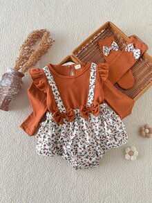 SHEIN Playful Pals قطعتان من ملابس الأطفال البنات الرومبير والجوارب، لطيفة وحلوة، بني صدأ، زهور، فيونكة، كشكشة، مضلع، أكمام طويلة متطايرة، رقبة دائرية، عادية، حفلة، خريف، عيد الميلاد، عطلة، ريترو - بني - مشاهدة 4