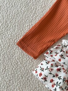 SHEIN Playful Pals قطعتان من ملابس الأطفال البنات الرومبير والجوارب، لطيفة وحلوة، بني صدأ، زهور، فيونكة، كشكشة، مضلع، أكمام طويلة متطايرة، رقبة دائرية، عادية، حفلة، خريف، عيد الميلاد، عطلة، ريترو - بني - مشاهدة 9
