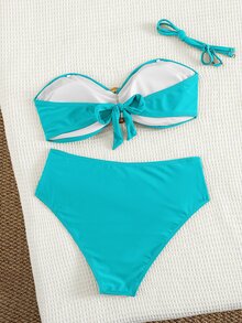 Swim Basics 女款海灘度假休閒全黑可拆卸細肩帶高腰長褲配金屬飾件比基尼套裝 - 藍色 - 查看 2