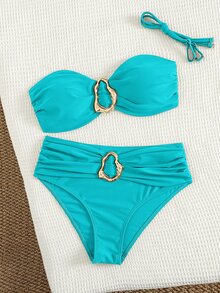 Swim Basics 女款海灘度假休閒全黑可拆卸細肩帶高腰長褲配金屬飾件比基尼套裝 - 藍色 - 查看 5