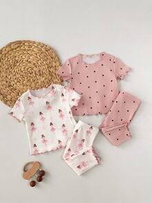 SHEIN 新生女宝宝4件套休闲碎花荷叶边圆领短袖上衣和长裤针织罗纹睡衣套装，夏季印花 - 粉色 - 查看 5
