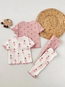 SHEIN 新生女宝宝4件套休闲碎花荷叶边圆领短袖上衣和长裤针织罗纹睡衣套装，夏季印花 - 粉色 - 查看 3