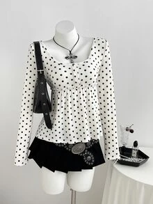 Elamini Women's Sweet Sexy Polka Dot Square Neck Ruffle Hem T-Shirt - White - View 8