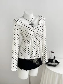 Elamini Women's Sweet Sexy Polka Dot Square Neck Ruffle Hem T-Shirt - White - View 3