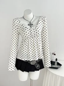 Elamini Women's Sweet Sexy Polka Dot Square Neck Ruffle Hem T-Shirt - White - View 4