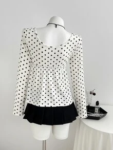 Elamini Women's Sweet Sexy Polka Dot Square Neck Ruffle Hem T-Shirt - White - View 2