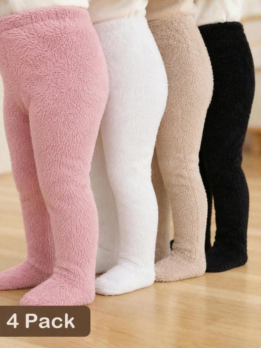 SHEIN 4件組新生女嬰純色白色、粉色、杏色、黑色連腳褲套裝，柔軟毛絨面料，0-3個月女嬰服飾褲子套裝
