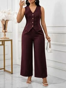 SHEIN Lady 女款純色單排扣背心與寬腿褲優雅套裝 2件組 - 酒紅色 - 查看 4