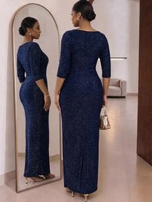 SHEIN Lady CURVE Women Plus Size Boat Neck Long Sleeve Ruched Waist Split Hem Sequin Sexy Elegant Maxi Dress Cocktail Party Dinner Evening Gala Royal Blue Summer - Blue - View 2