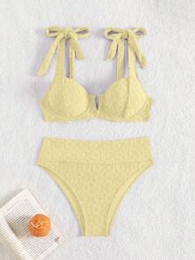 Swim Mod Women's Solid Yellow Shoulder Knot Sexy Bikini Set For Summer Beach, Bathing Suit - Yellow - View 7