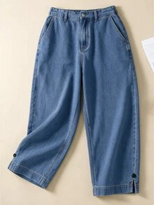 Breezaya Plus Size Casual Baggy Street Style Elastic Waist Thin Denim Straight Leg Pants Blue Light Washed Split Hem Long Formal Vacation Autumn - Medium Wash - View 4
