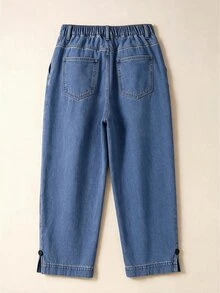 Breezaya Plus Size Casual Baggy Street Style Elastic Waist Thin Denim Straight Leg Pants Blue Light Washed Split Hem Long Formal Vacation Autumn - Medium Wash - View 3