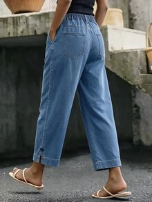 Breezaya Plus Size Casual Baggy Street Style Elastic Waist Thin Denim Straight Leg Pants Blue Light Washed Split Hem Long Formal Vacation Autumn - Medium Wash - View 5