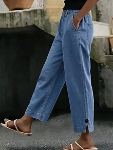 Breezaya Plus Size Casual Baggy Street Style Elastic Waist Thin Denim Straight Leg Pants Blue Light Washed Split Hem Long Formal Vacation Autumn - Medium Wash - View 1