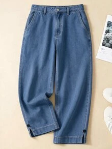 Breezaya Plus Size Casual Baggy Street Style Elastic Waist Thin Denim Straight Leg Pants Blue Light Washed Split Hem Long Formal Vacation Autumn - Medium Wash - View 2