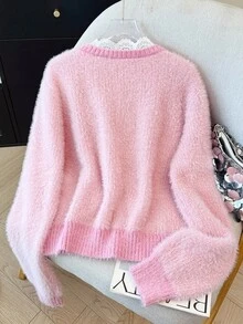 LUMIGAL Women's Casual Lace Trim Cardigan, Autumn/Winter - Baby Pink - View 2