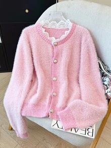 LUMIGAL Women's Casual Lace Trim Cardigan, Autumn/Winter - Baby Pink - View 3