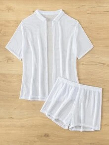 SHEIN Swim 素色前紐扣罩衫套裝 - 白色 - 查看 5