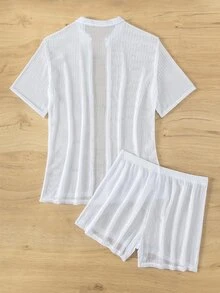 SHEIN Swim 素色前紐扣罩衫套裝 - 白色 - 查看 4