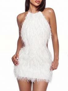 SHEIN ICON Women Fall/Winter Party White Solid Fuzzy Bodycon Dress - White - View 7