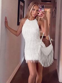 SHEIN ICON Women Fall/Winter Party White Solid Fuzzy Bodycon Dress - White - View 4