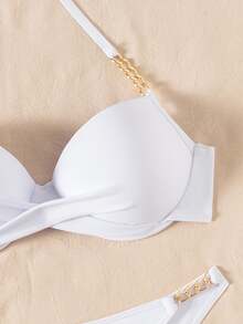 SHEIN Swim 女款夏季海灘純色掛脖綁帶性感比基尼泳衣套裝，含鋼圈 - 白色 - 查看 4