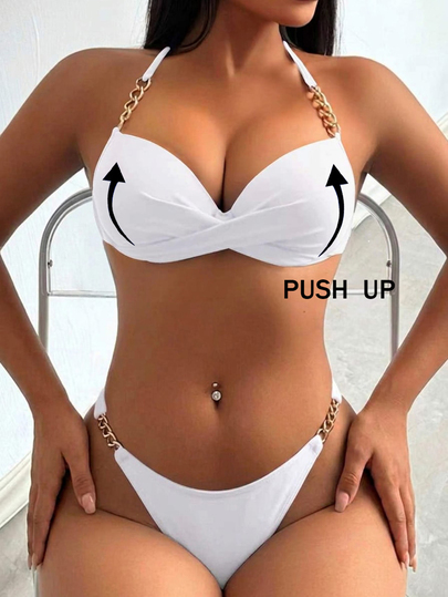 Swim SXY Women's Summer Beach Solid Color Halter Tie Sexy Bikini Swimwear Set With Underwire