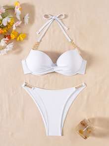 SHEIN Swim 女款夏季海灘純色掛脖綁帶性感比基尼泳衣套裝，含鋼圈 - 白色 - 查看 3