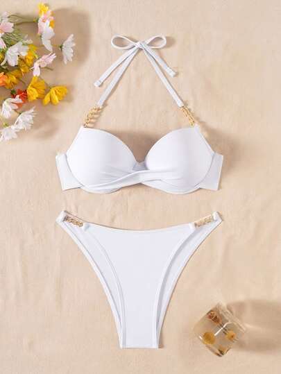 SHEIN Swim Women's Summer Beach Solid Color Halter Tie Sexy Bikini Swimwear Set With Underwire
