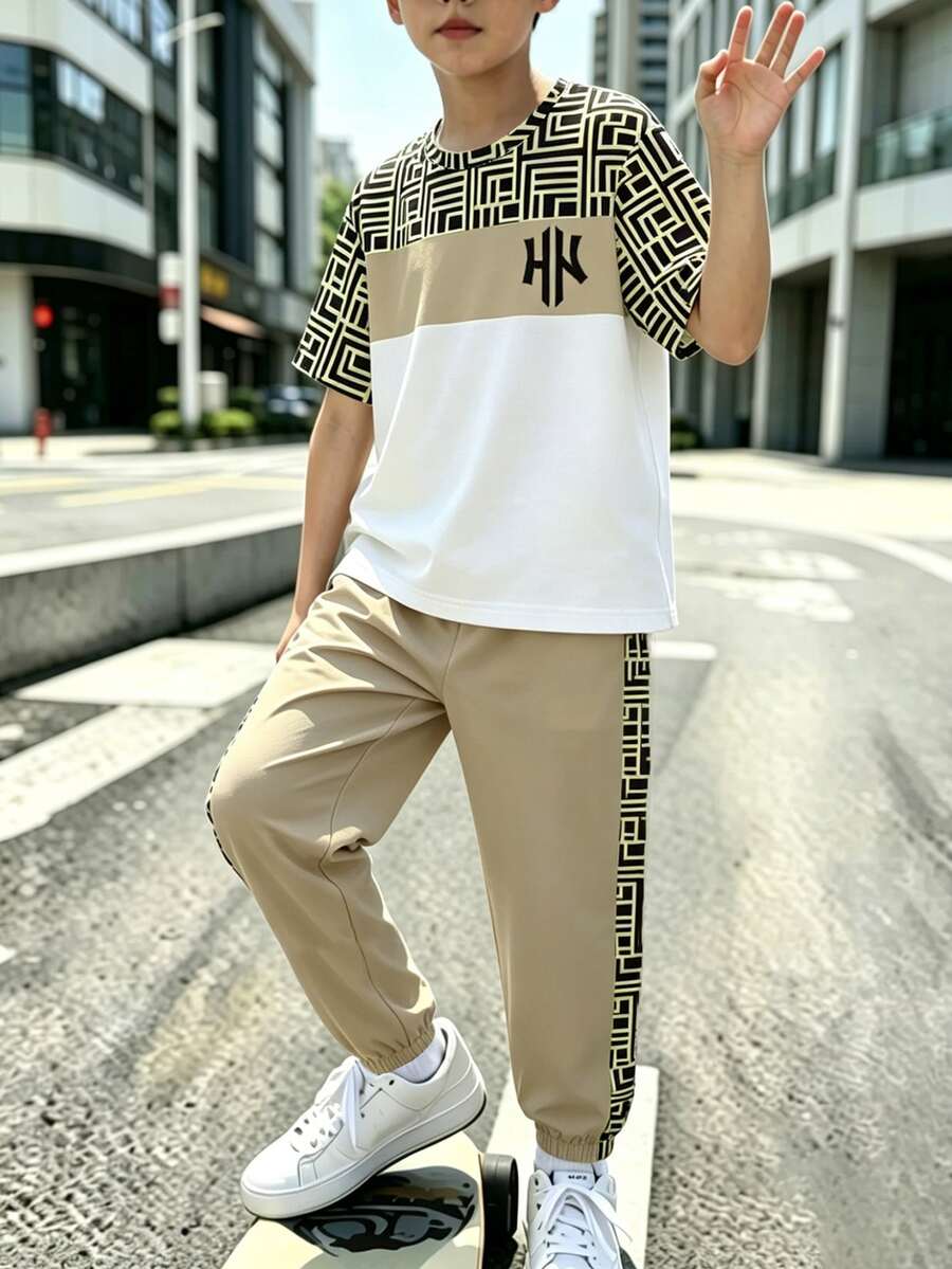 SHEIN 1 Set Tween Boy Casual Comfortable Fashion Minimalist Personalized Print Pattern Colorblock Casual Style Short Sleeve T-Shirt And Matching Pants Set - Multicolor - View 1